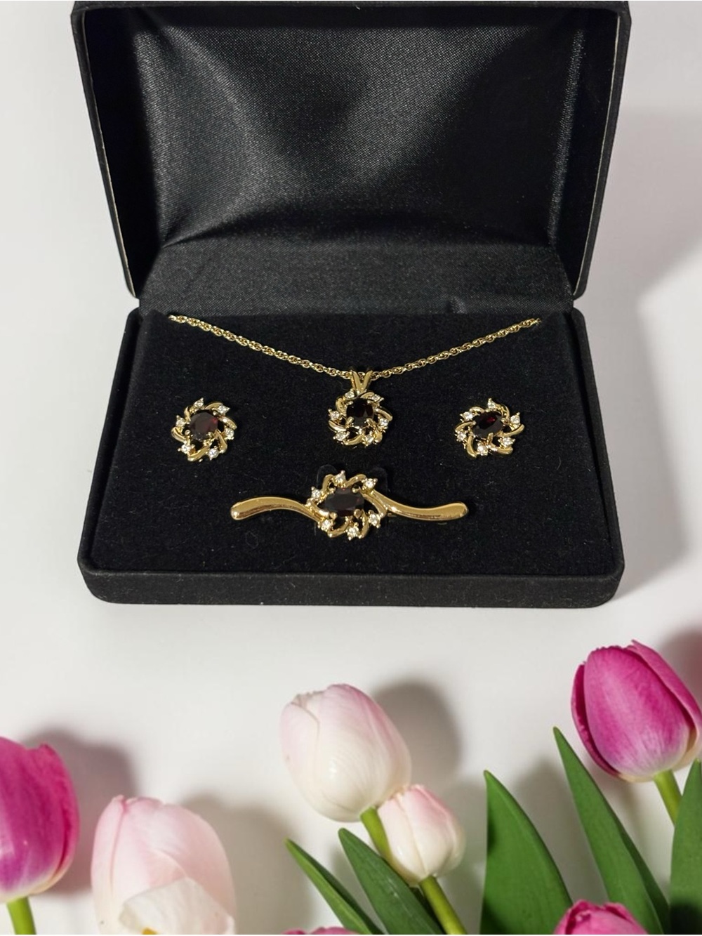 Gold-Tone Garnet & CZ Necklace Set 20β